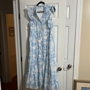 NWOT Japna Blue and White Toile Flutter Sleeve Button Down Belted Maxi Dress